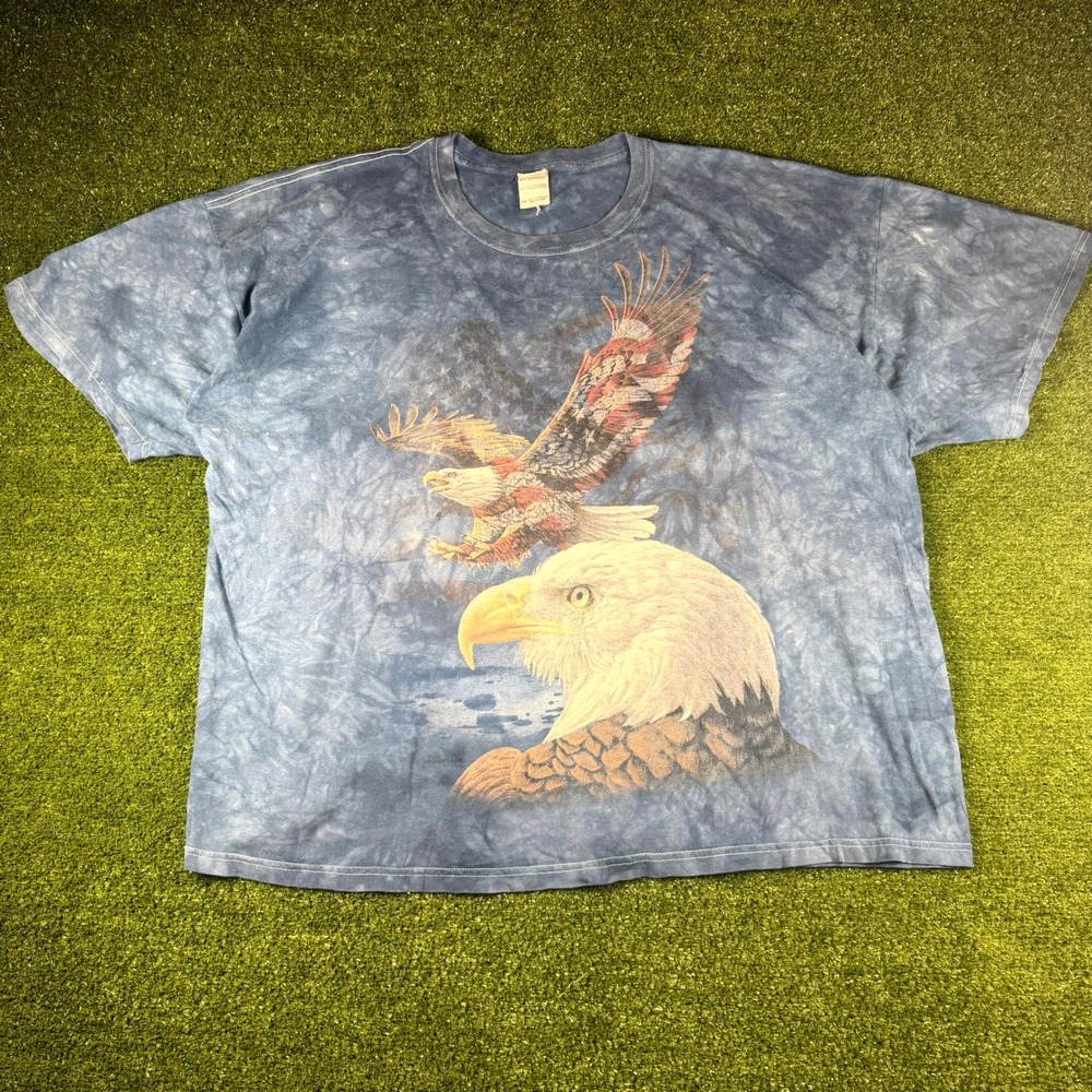 Gildan Mens 3XL Blue Tie Dye Bald Eagle American Flag Graphic T-Shirt 3051